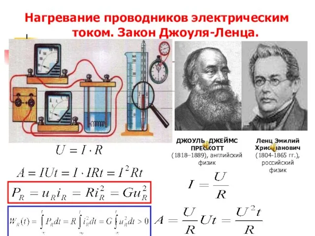 Нагревание проводников электрическим током. Закон Джоуля-Ленца. ДЖОУЛЬ ДЖЕЙМС ПРЕСКОТТ (1818–1889), английский