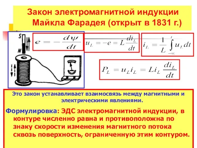 Закон электромагнитной индукции Майкла Фарадея (открыт в 1831 г.) Это закон