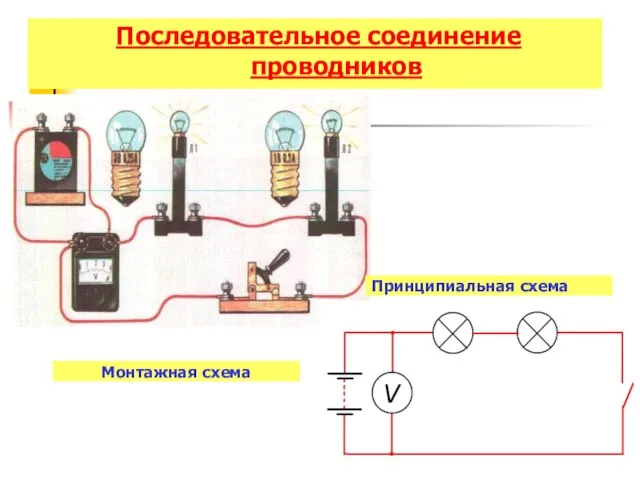 Последовательное соединение проводников Принципиальная схема Монтажная схема