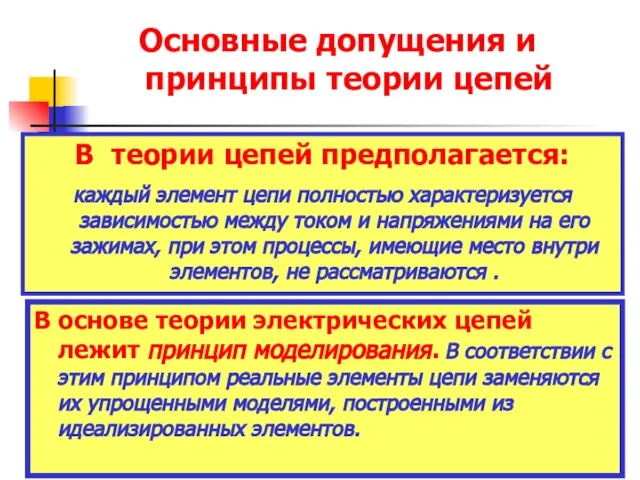 В теории цепей предполагается: каждый элемент цепи полностью характеризуется зависимостью между