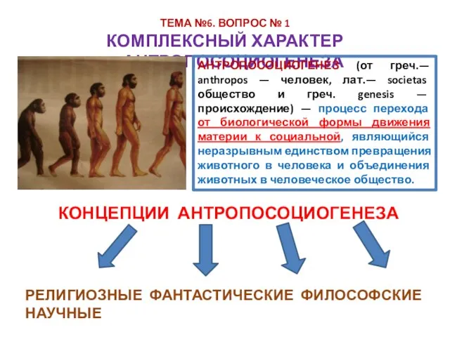 КОМПЛЕКСНЫЙ ХАРАКТЕР АНТРОПОСОЦИОГЕНЕЗА ТЕМА №6. ВОПРОС № 1 АНТРОПОСОЦИОГЕНЕЗ (от греч.—