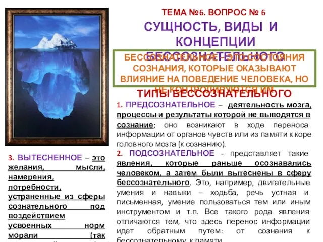 ТЕМА №6. ВОПРОС № 6 СУЩНОСТЬ, ВИДЫ И КОНЦЕПЦИИ БЕССОЗНАТЕЛЬНОГО БЕССОЗНАТЕЛЬНОЕ