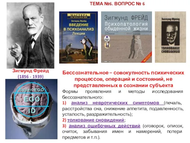 Зигмунд Фрейд (1856 - 1939) Бессознательное – совокупность психических процессов, операций