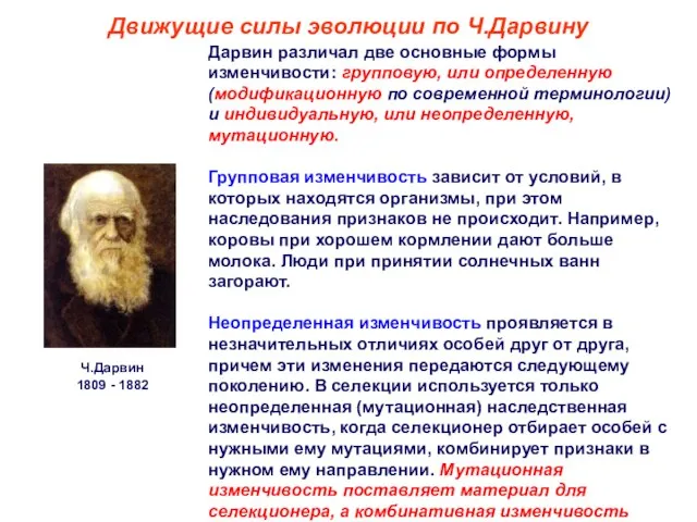 Дарвин различал две основные формы изменчивости: групповую, или определенную (модификационную по