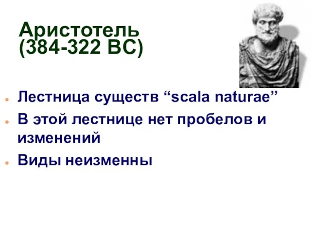 Аристотель (384-322 BC) Лестница существ “scala naturae” В этой лестнице нет пробелов и изменений Виды неизменны