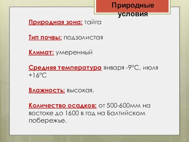 Природные условия Природная зона: тайга Тип почвы: подзолистая Климат: умеренный Средняя