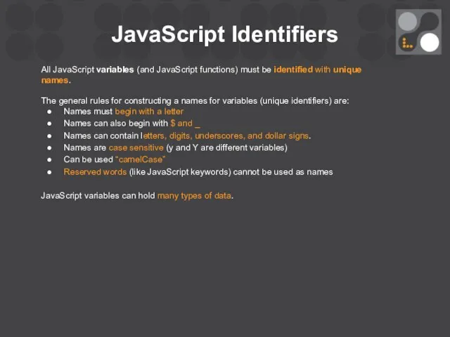 JavaScript Identifiers All JavaScript variables (and JavaScript functions) must be identified