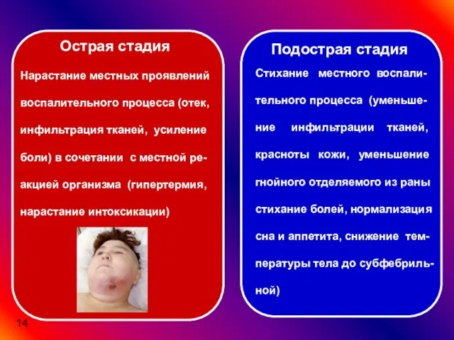 Острая стадия Подострая стадия Нарастание местных проявлений воспалительного процесса (отек, инфильтрация