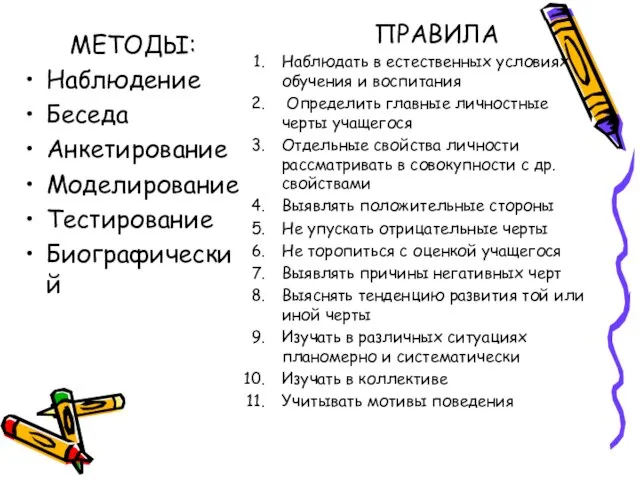 МЕТОДЫ: Наблюдение Беседа Анкетирование Моделирование Тестирование Биографический ПРАВИЛА Наблюдать в естественных