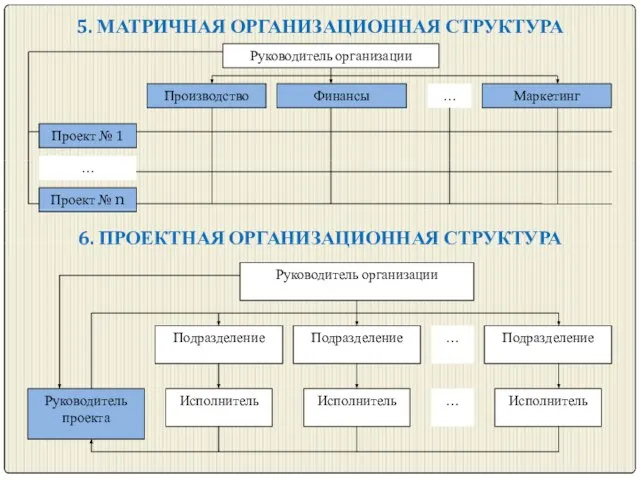 5. МАТРИЧНАЯ ОРГАНИЗАЦИОННАЯ СТРУКТУРА 6. ПРОЕКТНАЯ ОРГАНИЗАЦИОННАЯ СТРУКТУРА