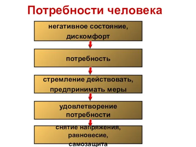 Потребности человека негативное состояние, дискомфорт потребность стремление действовать, предпринимать меры удовлетворение потребности снятие напряжения, равновесие, самозащита