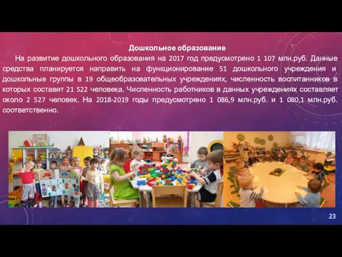 Дошкольное образование На развитие дошкольного образования на 2017 год предусмотрено 1