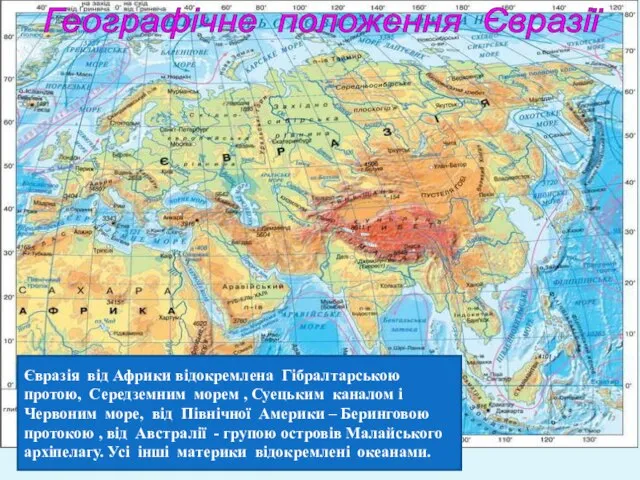 Географічне положення Євразії Євразія від Африки відокремлена Гібралтарською протою, Середземним морем