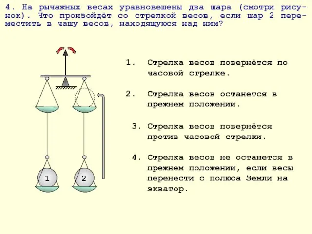 4. На рычажных весах уравновешены два шара (смотри рису-нок). Что произойдёт