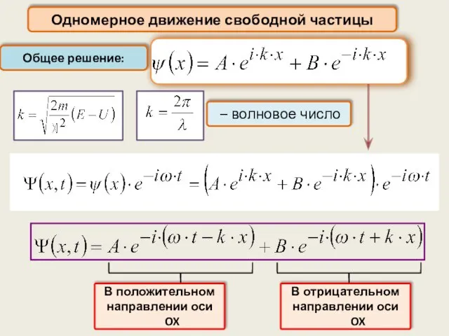 Одномерное движение свободной частицы – волновое число Общее решение: В положительном