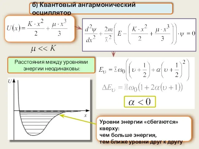 б) Квантовый ангармонический осциллятор Уровни энергии «сбегаются» кверху: чем больше энергия,