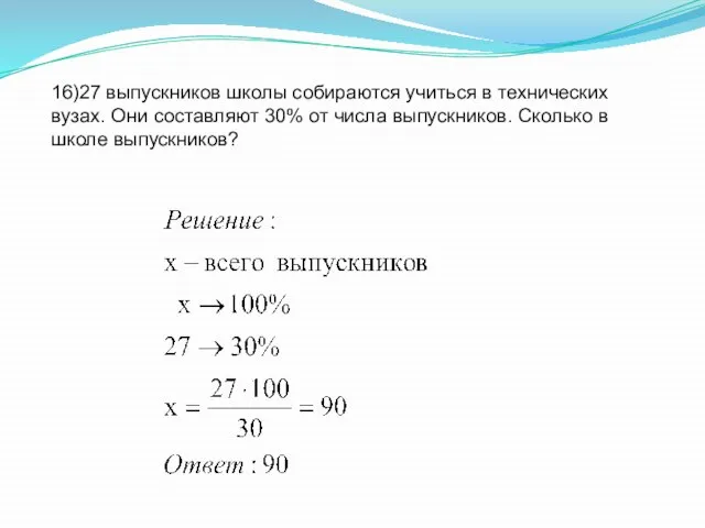 16)27 выпускников школы собираются учиться в технических вузах. Они составляют 30%