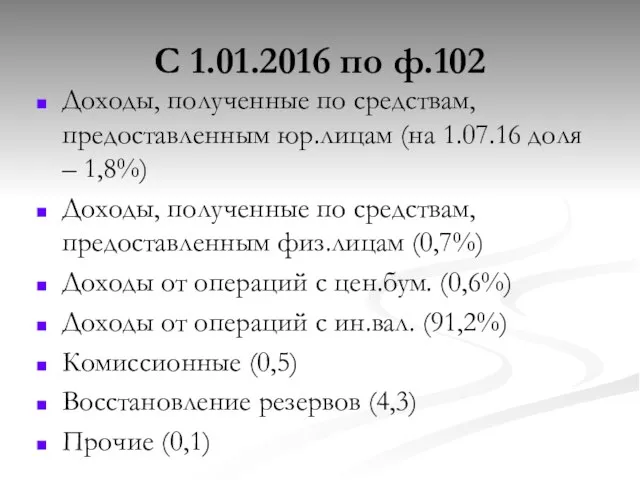 С 1.01.2016 по ф.102 Доходы, полученные по средствам, предоставленным юр.лицам (на