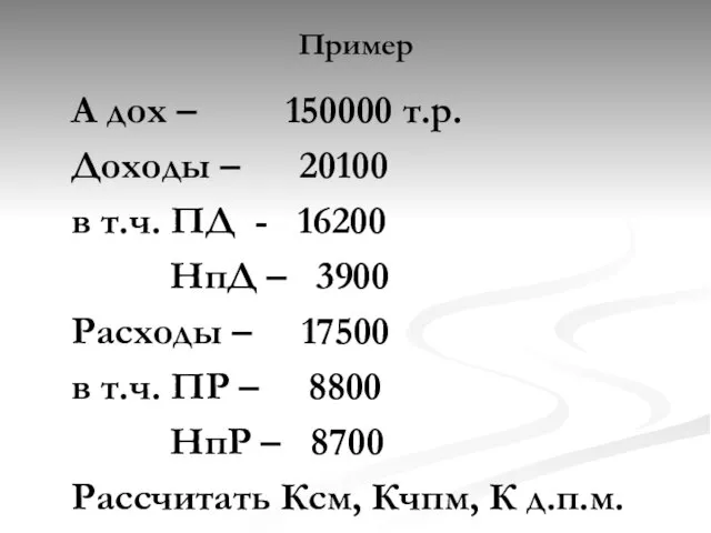 Пример А дох – 150000 т.р. Доходы – 20100 в т.ч.