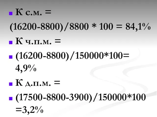 К с.м. = (16200-8800)/8800 * 100 = 84,1% К ч.п.м. =