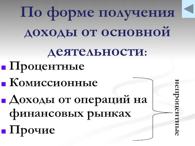 По форме получения доходы от основной деятельности: Процентные Комиссионные Доходы от