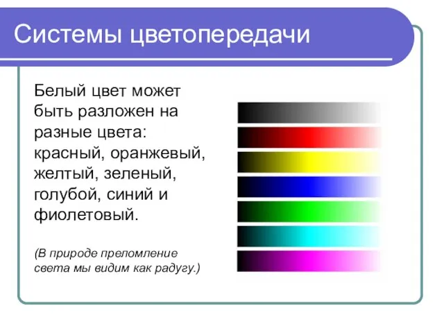 Системы цветопередачи Белый цвет может быть разложен на разные цвета: красный,