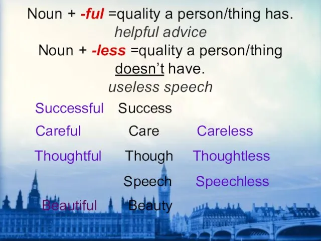 Noun + -ful =quality a person/thing has. helpful advice Noun +