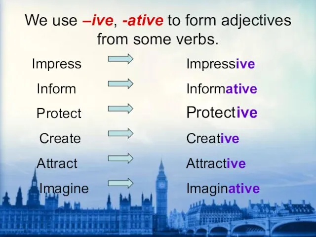 We use –ive, -ative to form adjectives from some verbs. Impressive