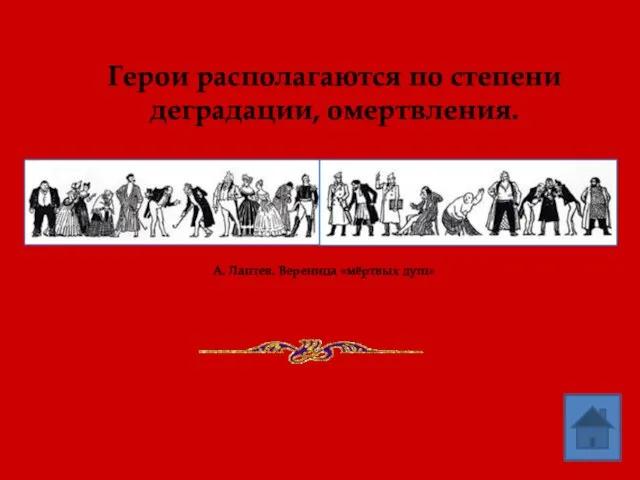 Герои располагаются по степени деградации, омертвления. А. Лаптев. Вереница «мёртвых душ»