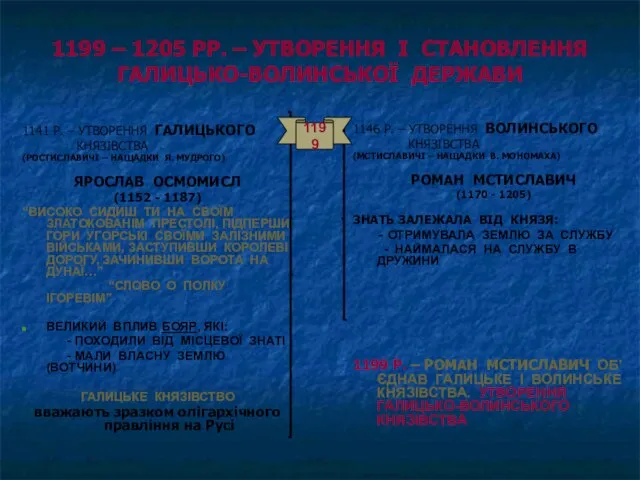 1199 – 1205 РР. – УТВОРЕННЯ І СТАНОВЛЕННЯ ГАЛИЦЬКО-ВОЛИНСЬКОЇ ДЕРЖАВИ 1141