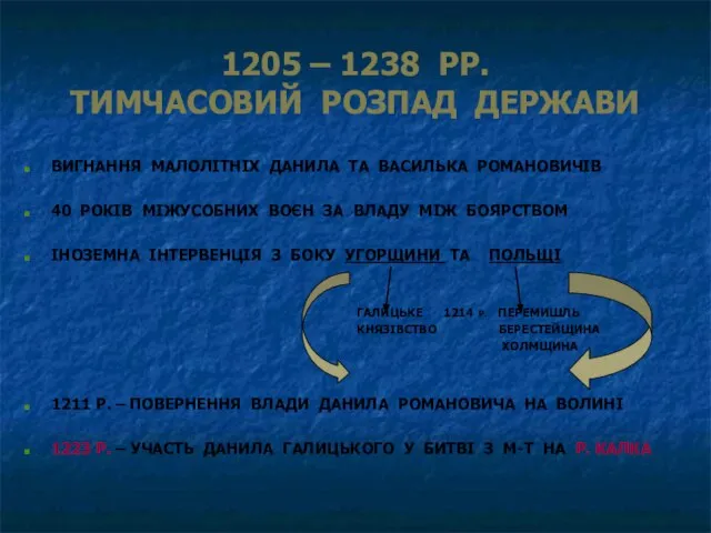 1205 – 1238 РР. ТИМЧАСОВИЙ РОЗПАД ДЕРЖАВИ ВИГНАННЯ МАЛОЛІТНІХ ДАНИЛА ТА