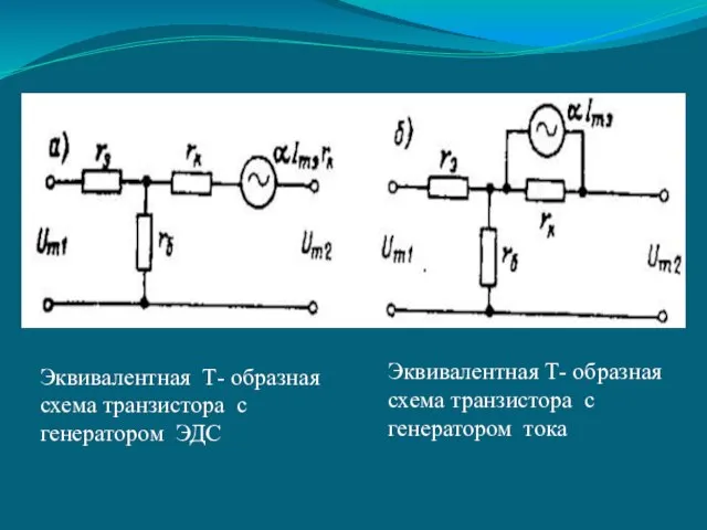 Эквивалентная Т- образная схема транзистора с генератором ЭДС Эквивалентная Т- образная схема транзистора с генератором тока