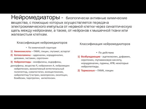 Нейромедиаторы - биологически активные химические вещества, с помощью которых осуществляется передача