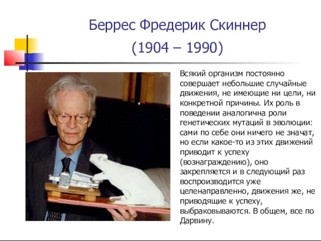 Беррес Фредерик Скиннер (1904 – 1990) Всякий организм постоянно совершает небольшие