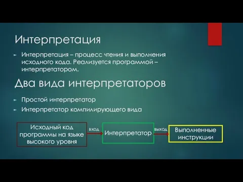 Интерпретация Интерпретация – процесс чтения и выполнения исходного кода. Реализуется программой