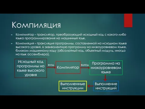 Компиляция Компилятор – транслятор, преобразующий исходный код с какого-либо языка программирования