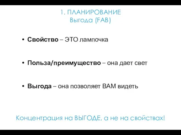 1. ПЛАНИРОВАНИЕ Выгода (FAB) Свойство – ЭТО лампочка Польза/преимущество – она