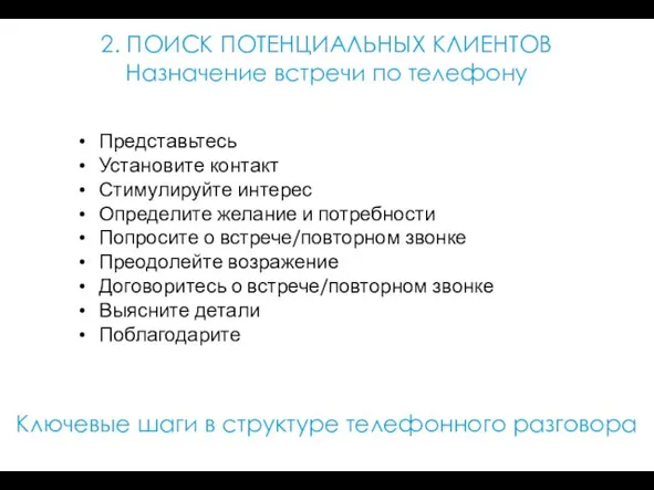 2. ПОИСК ПОТЕНЦИАЛЬНЫХ КЛИЕНТОВ Назначение встречи по телефону Представьтесь Установите контакт