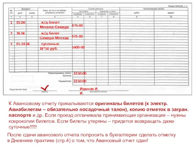 После сдачи авансового отчета попросить в бухгалтерии сделать отметку в Дневнике