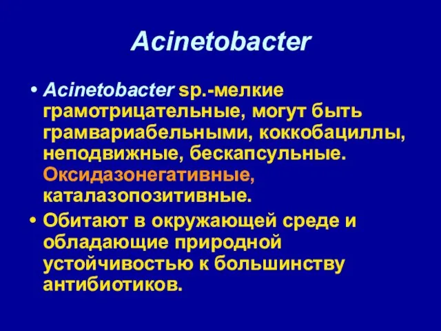 Acinetobacter Acinetobacter sp.-мелкие грамотрицательные, могут быть грамвариабельными, коккобациллы, неподвижные, бескапсульные. Оксидазонегативные,