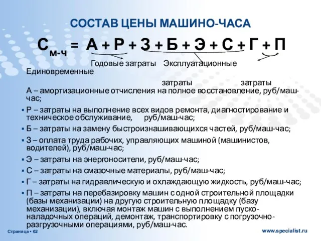 СОСТАВ ЦЕНЫ МАШИНО-ЧАСА См-ч = А + Р + З +