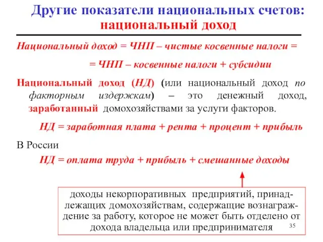 Другие показатели национальных счетов: национальный доход Национальный доход = ЧНП –