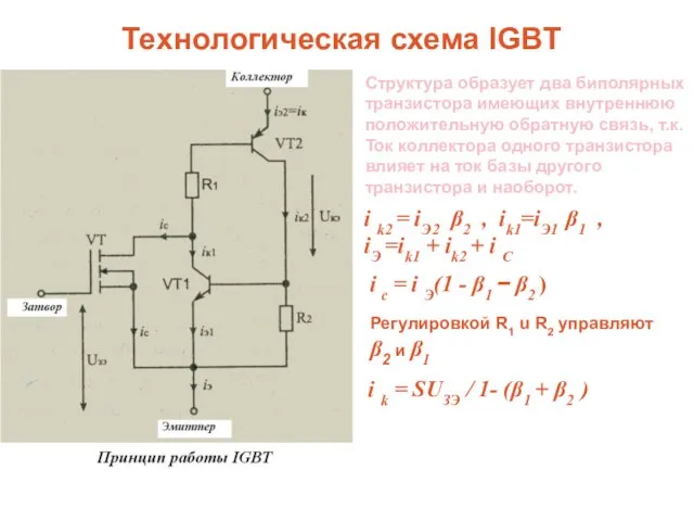 Технологическая схема IGBT Структура образует два биполярных транзистора имеющих внутреннюю положительную