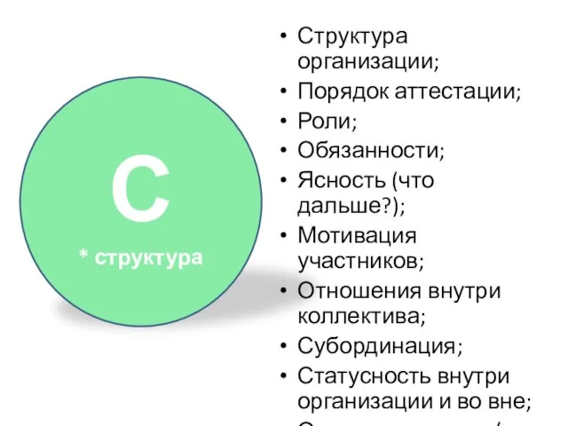 Структура организации; Порядок аттестации; Роли; Обязанности; Ясность (что дальше?); Мотивация участников;