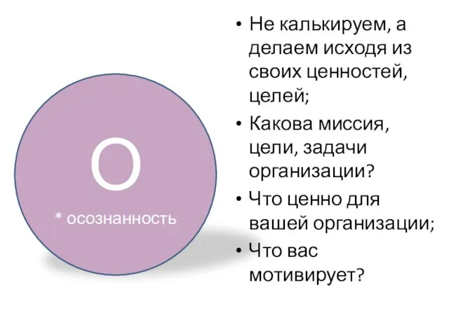 Не калькируем, а делаем исходя из своих ценностей, целей; Какова миссия,