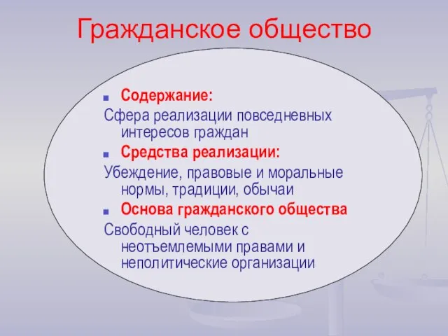 Гражданское общество Содержание: Сфера реализации повседневных интересов граждан Средства реализации: Убеждение,