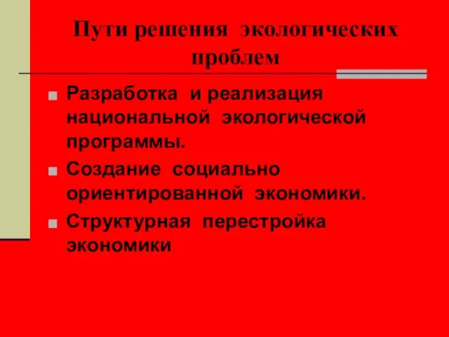 Пути решения экологических проблем Разработка и реализация национальной экологической программы. Создание