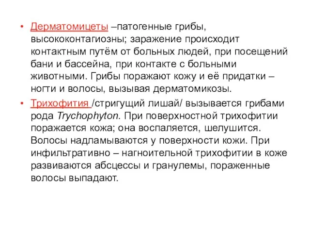 Дерматомицеты –патогенные грибы, высококонтагиозны; заражение происходит контактным путём от больных людей,