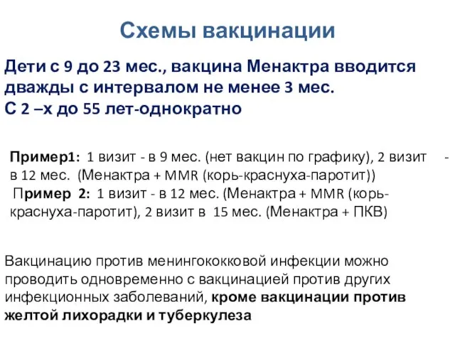 Схемы вакцинации Вакцинацию против менингококковой инфекции можно проводить одновременно с вакцинацией