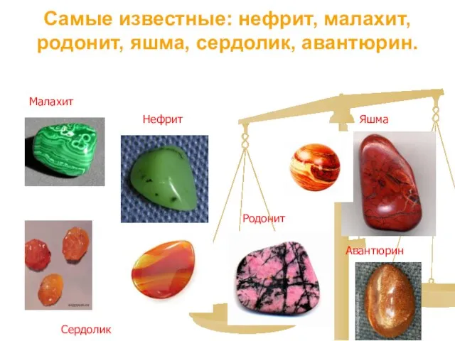 Самые известные: нефрит, малахит, родонит, яшма, сердолик, авантюрин. Малахит Нефрит Родонит Яшма Сердолик Авантюрин